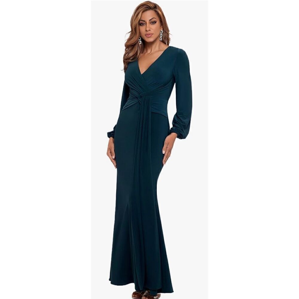 Betsy & Adam Women's Petite Long Sleeve V-Neck Stretch Wrap Knot Dress